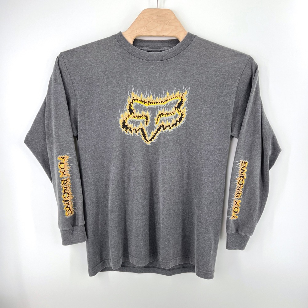 Y2K Fox Racing Flame Graphic Long Sleeve T Shirt Size L Gray Motocross Skater
